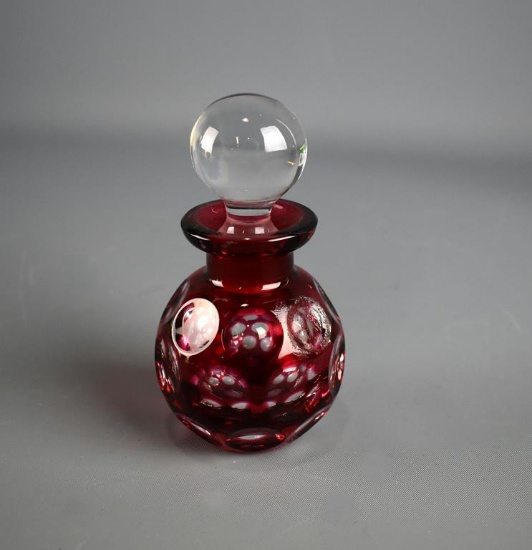 Cranberry Over Clear 4” H Cased Glass Coin Optic Bottle w/ Stopper