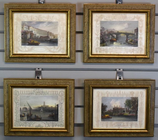 Set of Four Sungott Hand Tinted Antique Engravings of English Thames River Scenes