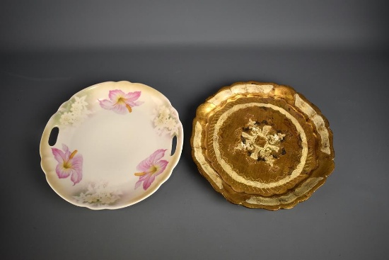 Lot of Two Items: Handled Ormont Bavaria Plate & Italian Gilt Tray