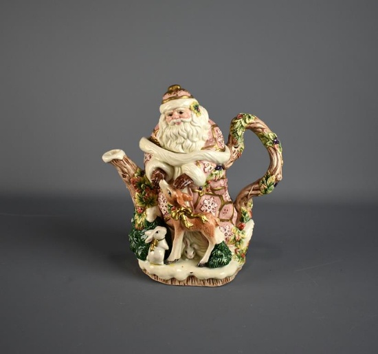 Fitz & Floyd 9.5” H Ceramic “Snowy Woods Santa” Teapot
