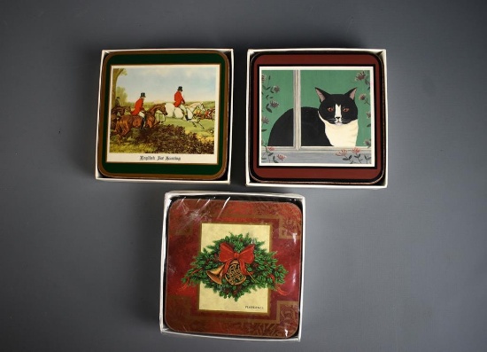 Lot of Three Sets of Pimpernel Acrylic Coasters: Cats, Hunting Green, Holly Garland