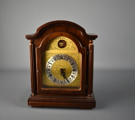 Small Vtg. German Desk or Shelf Clock, Built-In Key Winders, 3 Diamond Service Award Badge at Top