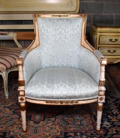 Elegant Light Finish with Blue Satin Upholstery Armchair (Lots 5 & 6 Match)