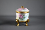 Pretty Hand Painted 7” H Footed & Lidded Porcelain Box, Roses & Gilt Pattern