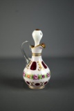 Hand Painted White Over Cranberry 7” H Cased Glass Cruet w/ Stopper
