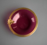 Lovely 4.5” Diam. Cranberry Glass & Gilt Dish w/ Leaf Motif