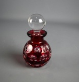 Cranberry Over Clear 4” H Cased Glass Coin Optic Bottle w/ Stopper