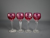 Set of Four Cranberry & Clear Etched Glass Cordials, Grapevine Motif