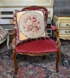 Beautifully Carved Walnut Crimson Upholstered Armchair  w/ Pillow (Lots 31 & 32 Match)