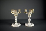 Pair of Herend Hungary Hand Painted Porcelain “Blue Garland” 9” H Three Branch Candle Holders