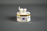 Herend Hungary Hand Painted Porcelain“Blue Garland” Small 2.25” H Trinket Box w/ Kitten Finial