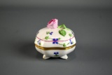 Herend Hungary Hand Painted Porcelain  “Blue Garland” 3” H Trinket Box w/ Rose Finial
