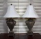 Pair of Contemporary Metal Nightstand Lamps with Off White Shades