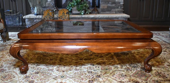 Fine Glass Top Over Wooden Grillwork Coffee Table, Cabriole Legs