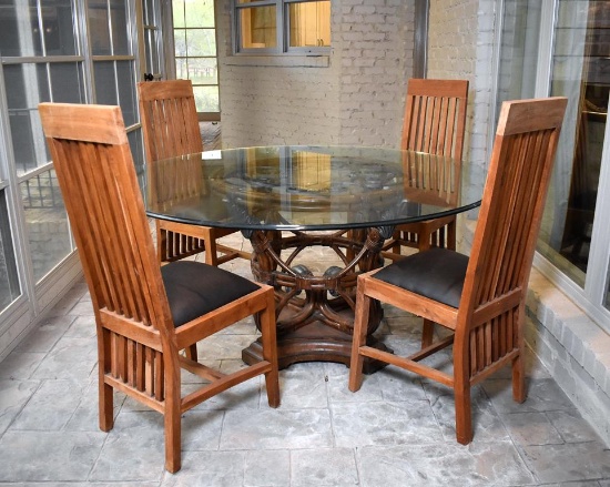 Set of Four Mission Style Teakwood Dining Chairs with Bonded Leather Seats