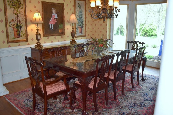 Lovely Contemporary Carved Mahogany Chippendale Style Dining Table with Protective Glass Top