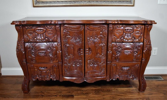 Fabulous Contemporary Carved Mahogany Bombe Dresser Chest