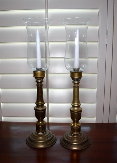 Pair of Antiqued Brass & Glass Hurricane Lamp Candle Holders with White Candles