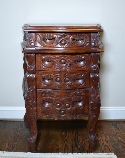 Contemporary Carved Mahogany Bombe Style Nightstand with Drawers