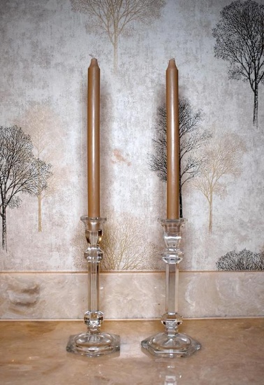 Pair of Crystal Candlesticks with Tan Candles