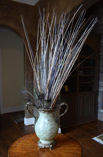 Sage & Gilt Brass Two-Handled Vase with Reeds & Peacock Quills