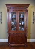 Contemporary Carved Mahogany China Cabinet, Lion's Head Pillars