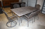 Gray Metal Outdoor / Patio Table and Six Matching Chairs, Two on Swivel Bases with Seat Cushions