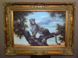 T. Monica, Framed Contemporary Painting, Leopard, Oil on Canvas, Signed Lower Right