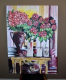 Signed Contemporary Painting, Red Floral Still Life, Oil on Canvas, Signed Lower Left