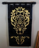 Gilt Insignia Crest on Black Faux Leather Wall Hanging Decor