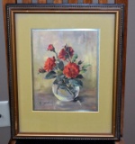 Red Roses in Glass Vase by Martha Riggenbach Print in Wooden Frame