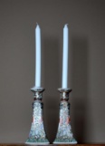 Pair of 8” H Famille Rose Porcelain Candle Sticks