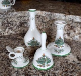 Lot of Four Spode “Christmas Tree” Decorative Pieces: Bell, Candleholders, Vase