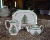 Lot of Spode “Christmas Tree” Coffee Pot, Tea Pot, & Platter