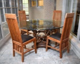 Set of Four Mission Style Teakwood Dining Chairs with Bonded Leather Seats