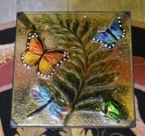 Butterfly Art Glass Top Metal Base Accent Table