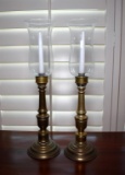 Pair of Antiqued Brass & Glass Hurricane Lamp Candle Holders with White Candles