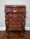 Contemporary Carved Mahogany Bombe Style Nightstand with Drawers