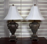 Pair of Contemporary Metal Nightstand Lamps with Off White Shades