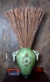 Green Glaze Ceramic Vase with Reeds