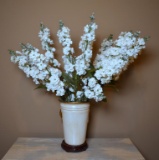 Crackled Finish White Vase with Gilt Lion's Mask Trim and White Silk Floral Stems