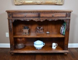 Contemporary Carved Wooden Burled Top Office Bookshelf with Two Drawers