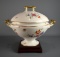 Impressive 11” H Lidded Floral Hand Painted Porcelain Tureen w/ Gilt Trim on Wooden Base
