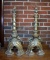 Unusual Antique Pair of Tall Bronze / Brass Andirons, Cat & Fleur-De-Lis Motifs, 35” H
