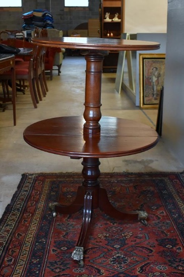 Antique Mahogany Two-Tier Drop Leaf Federal Style Accent Table, Brass Caster Paw Feet