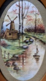 Oval Framed Windmill Landscape Art, Watercolor on Paper, Unsigned