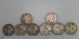 Lot of Eight Circulated Liberty Half Dollars: 1908, 1913D, 1939D, 1942 (2), 1943 (2), 1944