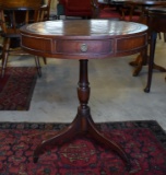 Antique Leather Inlaid Top Tripod Mahogany Drum Table, 4 Small Drawers