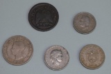 Lot of Five Old Non-Silver Coins from Various Countries