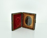 Victorian Sweetheart Pocket Tin Type Photograph in Tooled Leather Case